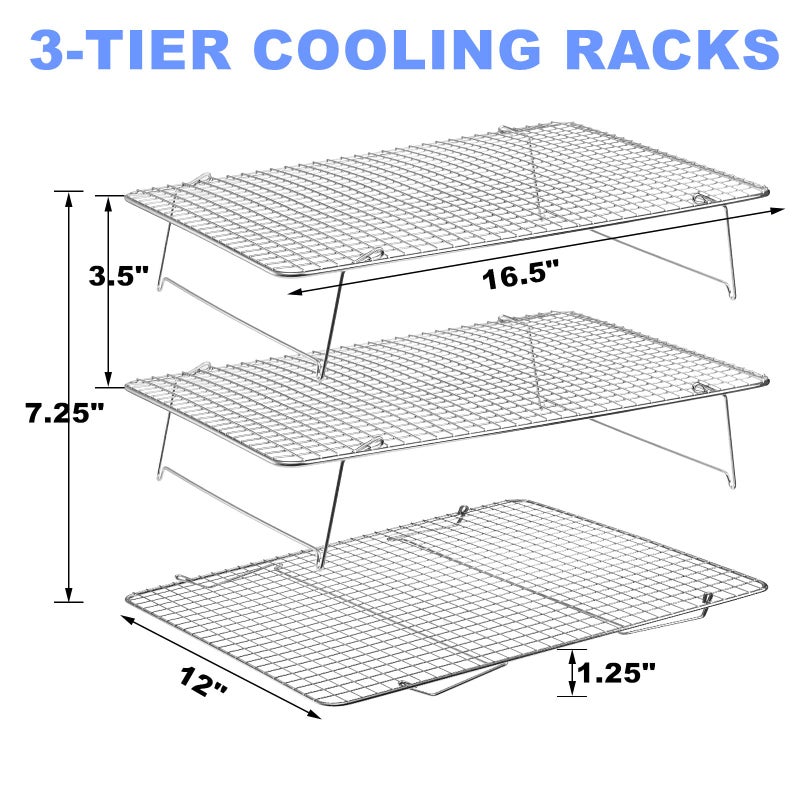 Tebery 304 Grade Stainless Steel Baking Rack 3-Tier Stackable Cooling Rack Set for Baking Cooking Grilling - 16.5" x 12" - Image 3